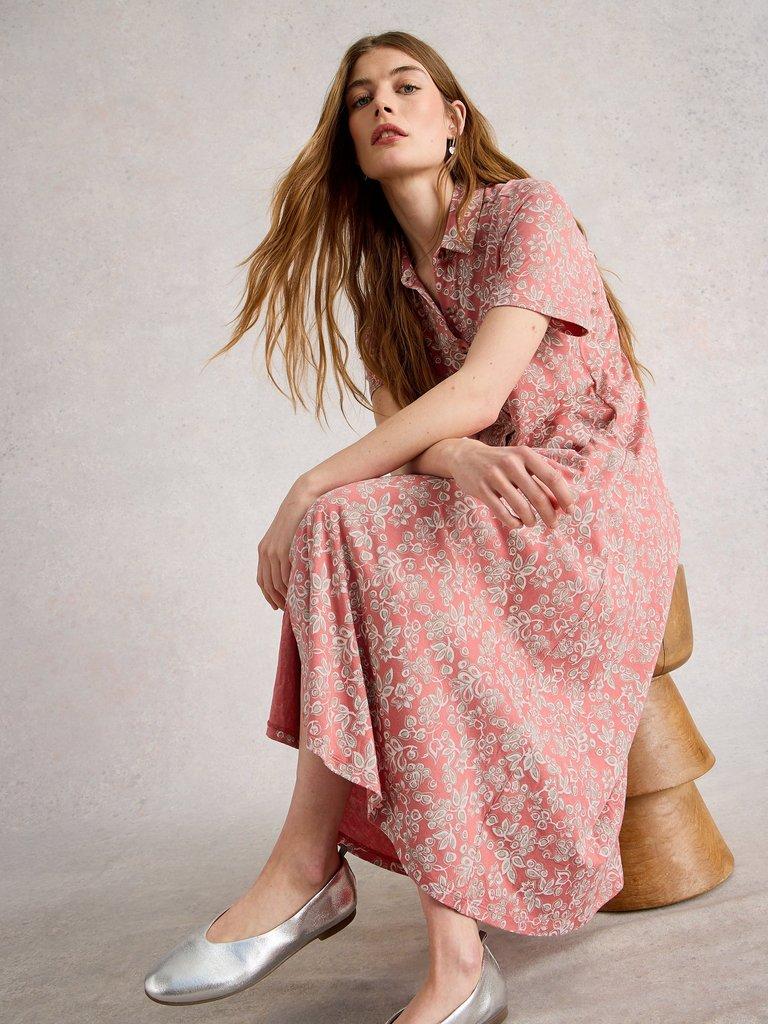 Rua Jersey Collared Shirt Midi Dress in PINK MLT - LIFESTYLE
