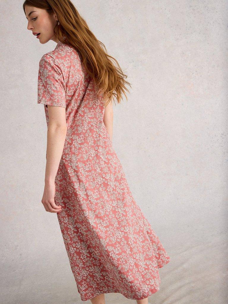 Rua Jersey Collared Shirt Midi Dress in PINK MLT - MODEL BACK