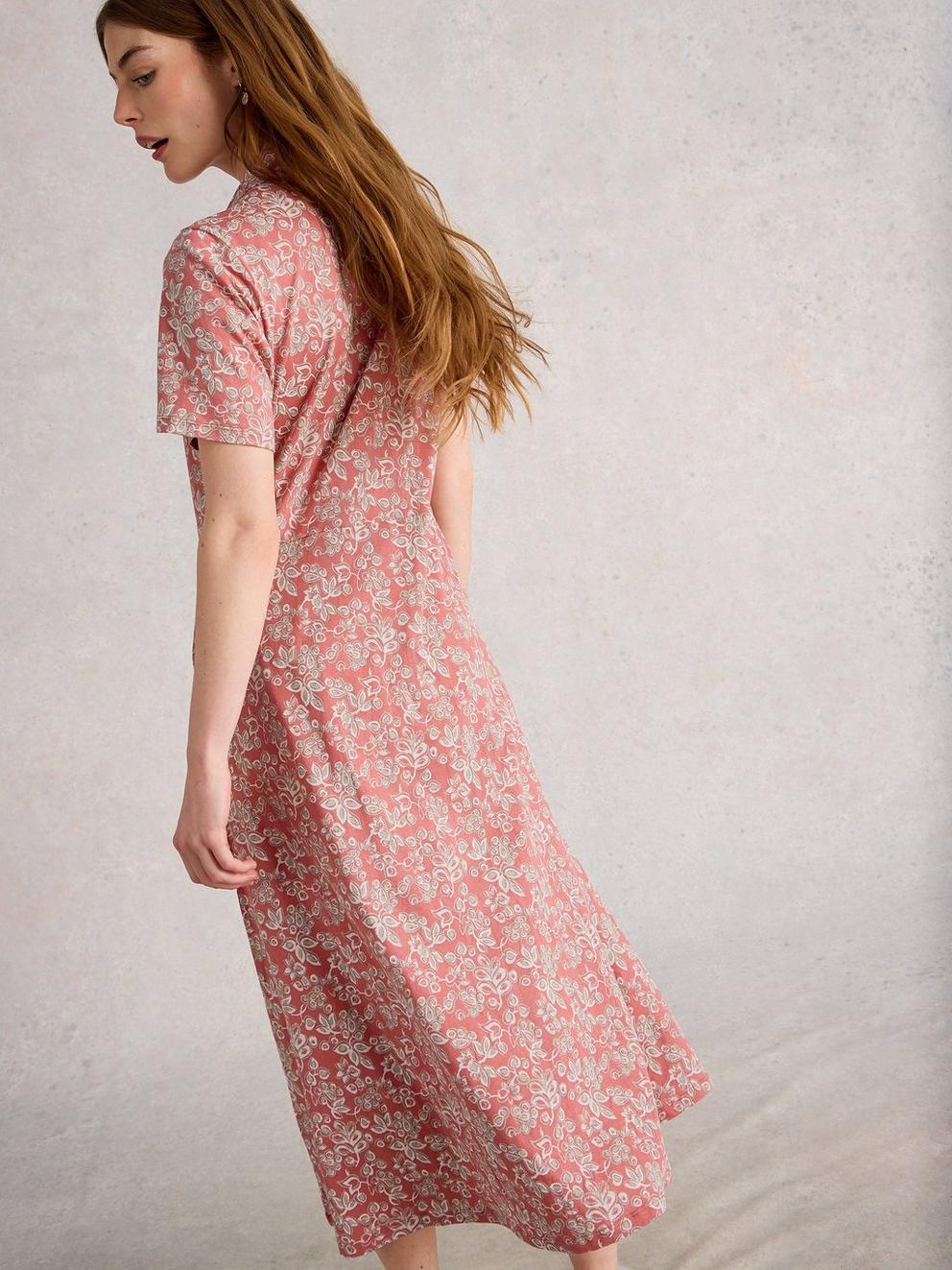 Rua Jersey Collared Shirt Midi Dress in PINK MLT - MODEL BACK