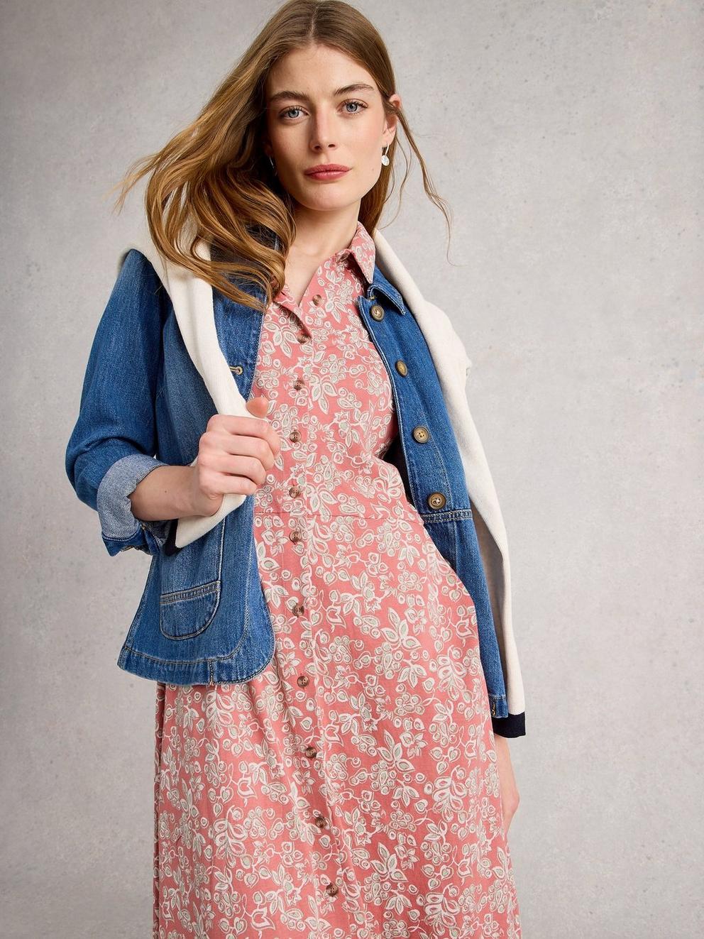 Rua Jersey Collared Shirt Midi Dress in PINK MLT - MODEL DETAIL