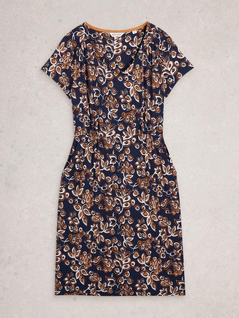 Tallie Jersey Short Sleeve V Neck Dress in NAVY MULTI - FLAT FRONT