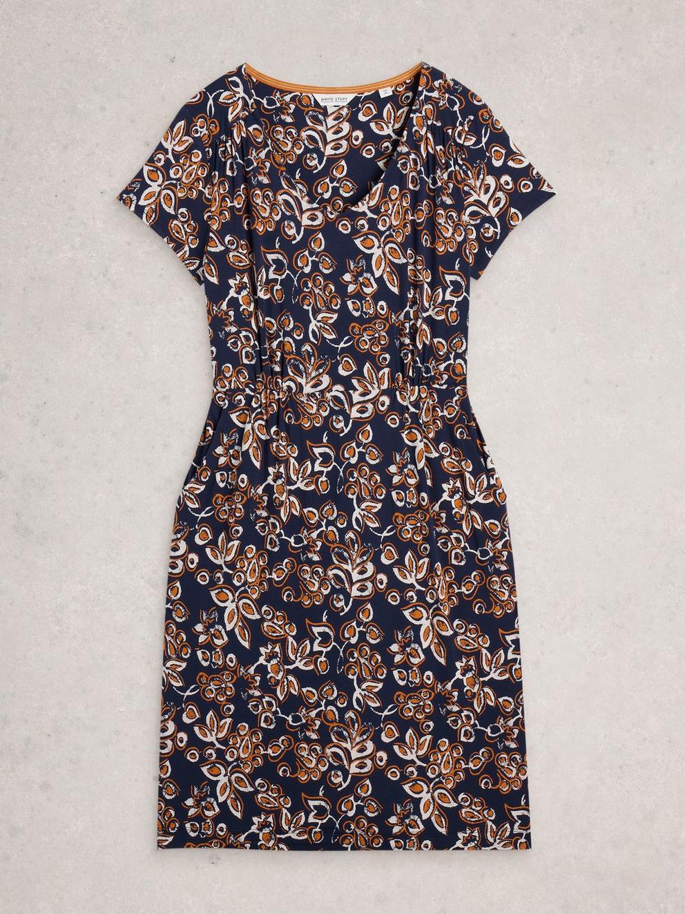 Tallie Jersey Short Sleeve V Neck Dress in NAVY MULTI - FLAT FRONT