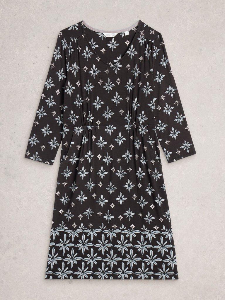 Tallie Knee Length V Neck Jersey Dress in BLK MLT - FLAT FRONT