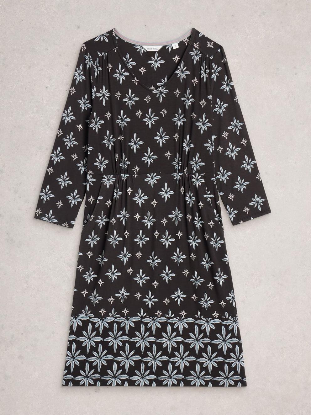 Tallie Knee Length V Neck Jersey Dress in BLK MLT - FLAT FRONT