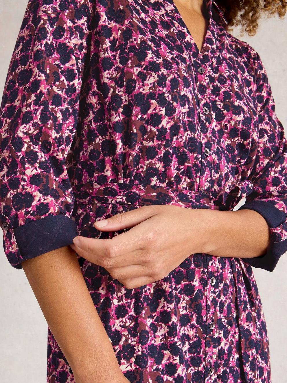 Annie Jersey Collared Shirt Midi Dress in PINK MLT - MODEL DETAIL