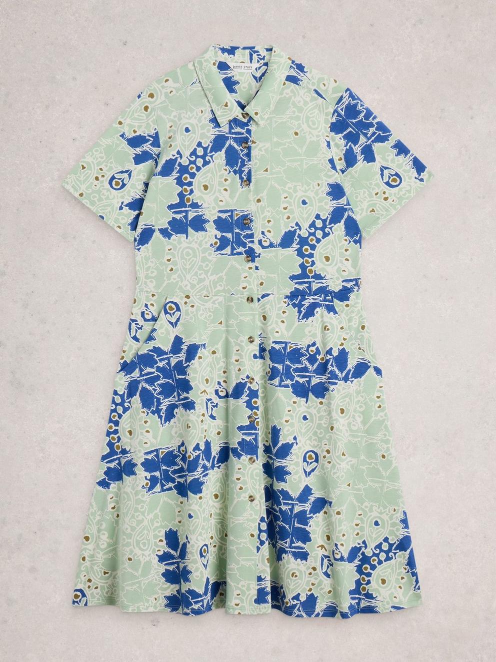 Ria Jersey Collared Shirt Short Sleeve Dress in BLUE MLT - FLAT FRONT