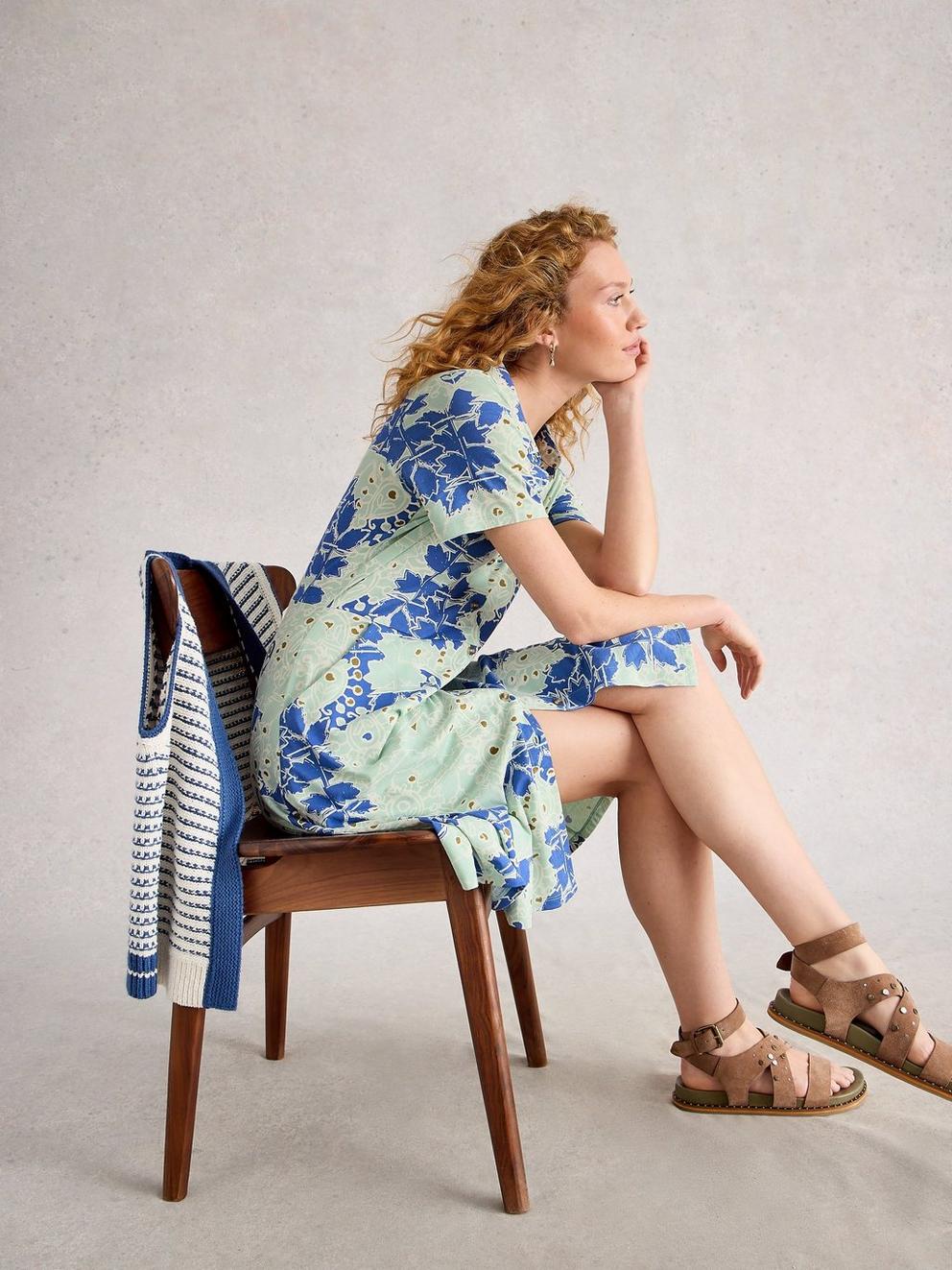 Ria Jersey Collared Shirt Short Sleeve Dress in BLUE MLT - LIFESTYLE