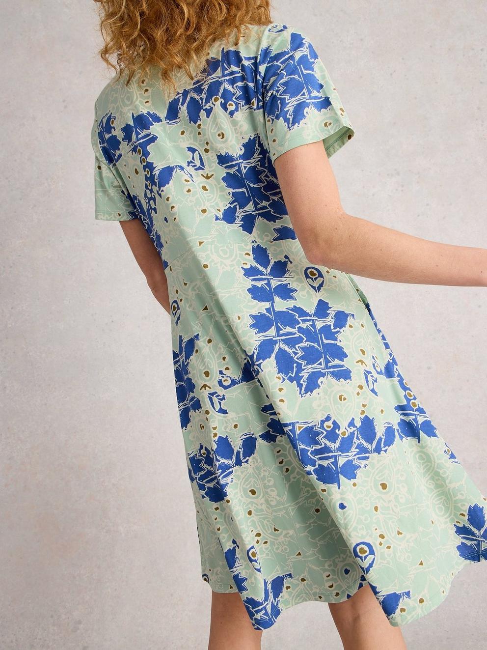 Ria Jersey Collared Shirt Short Sleeve Dress in BLUE MLT - MODEL BACK