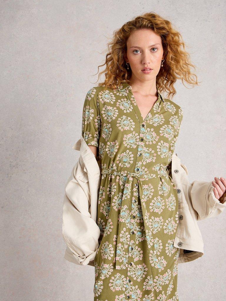Annie Jersey Collared Shirt Dress in GREEN PR - MODEL BACK
