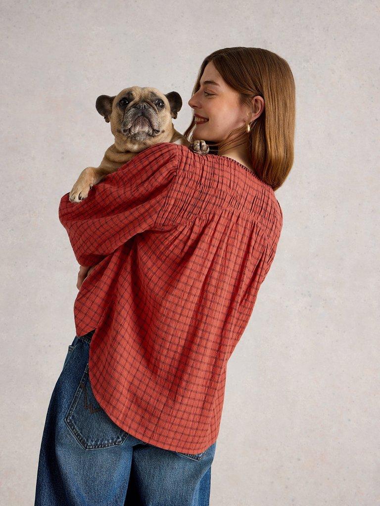 Tasha Check Top in MID RED - MODEL BACK