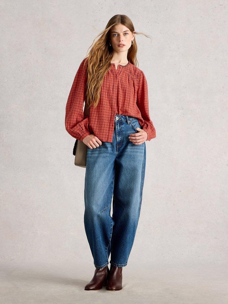 Tasha Check Top in MID RED - MODEL FRONT