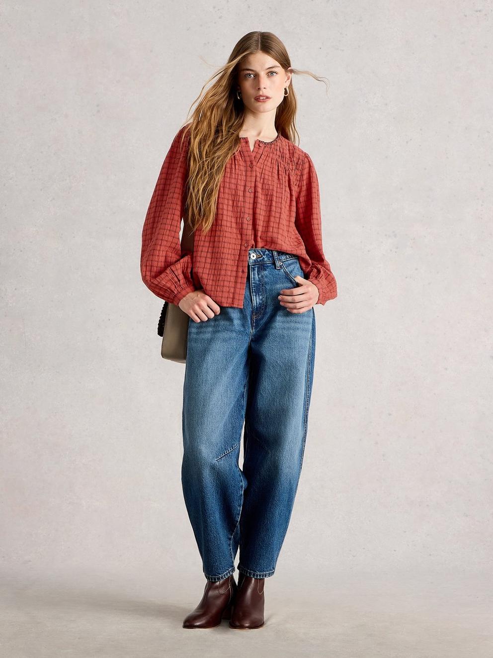 Tasha Check Top in MID RED - MODEL FRONT