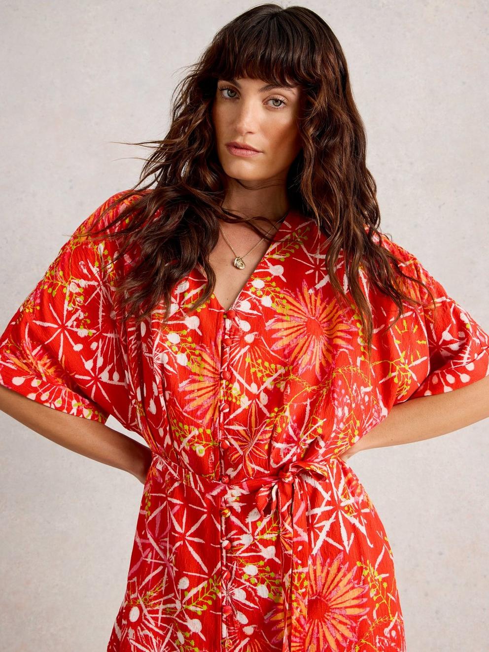 Kiki Kimono Dress in RED MLT - MODEL DETAIL