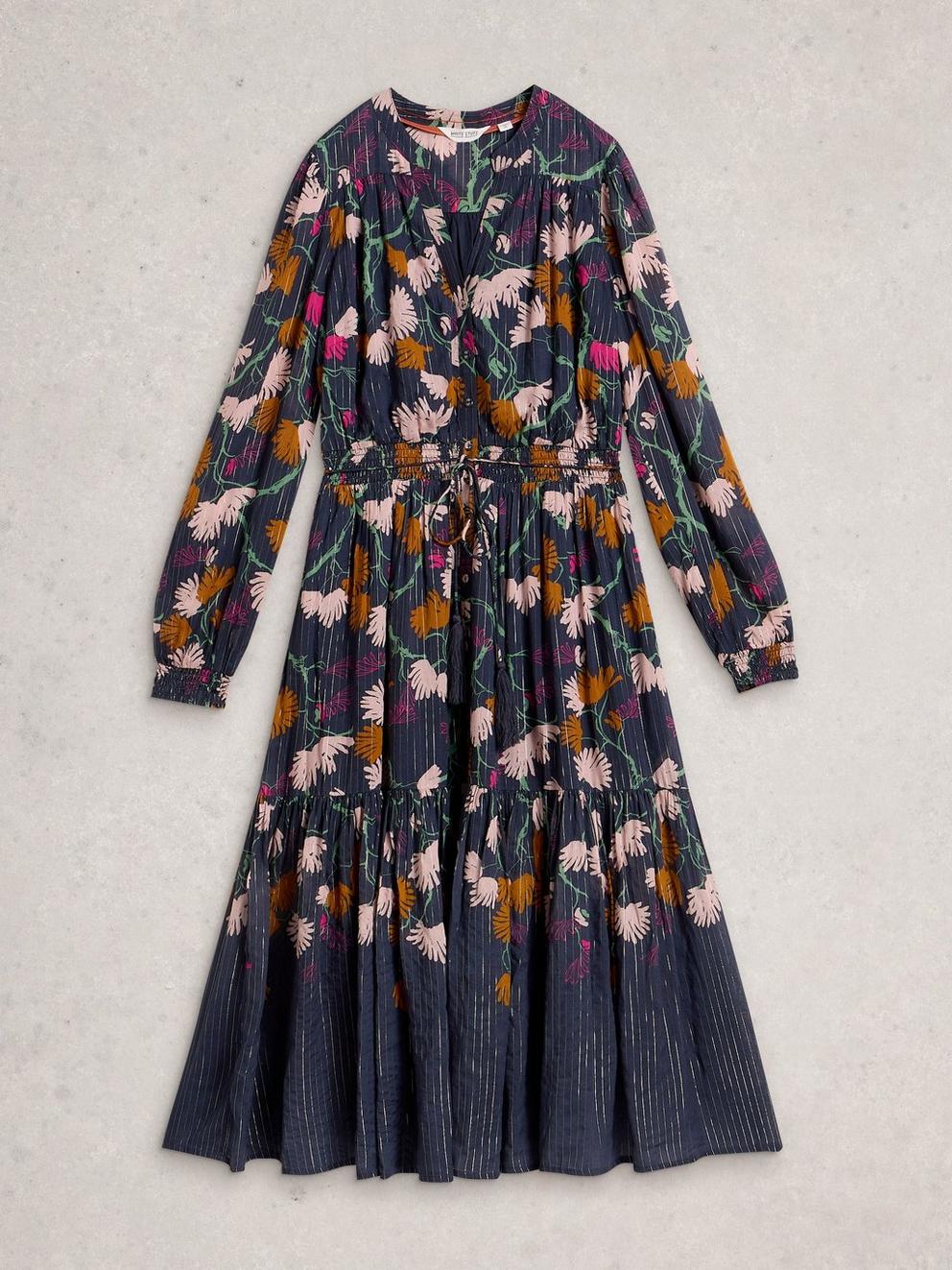 Yuki Metallic Midi Dress in NAVY MULTI - FLAT FRONT