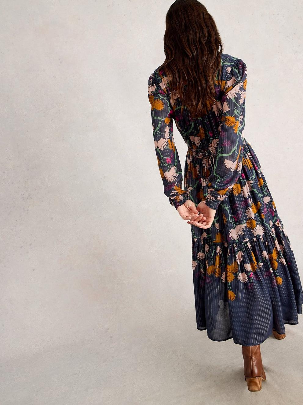 Yuki Metallic Midi Dress in NAVY MULTI - MODEL BACK