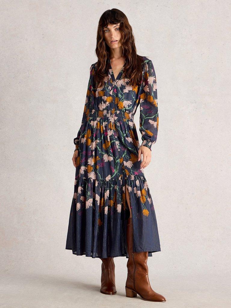 Yuki Metallic Midi Dress in NAVY MULTI - MODEL FRONT