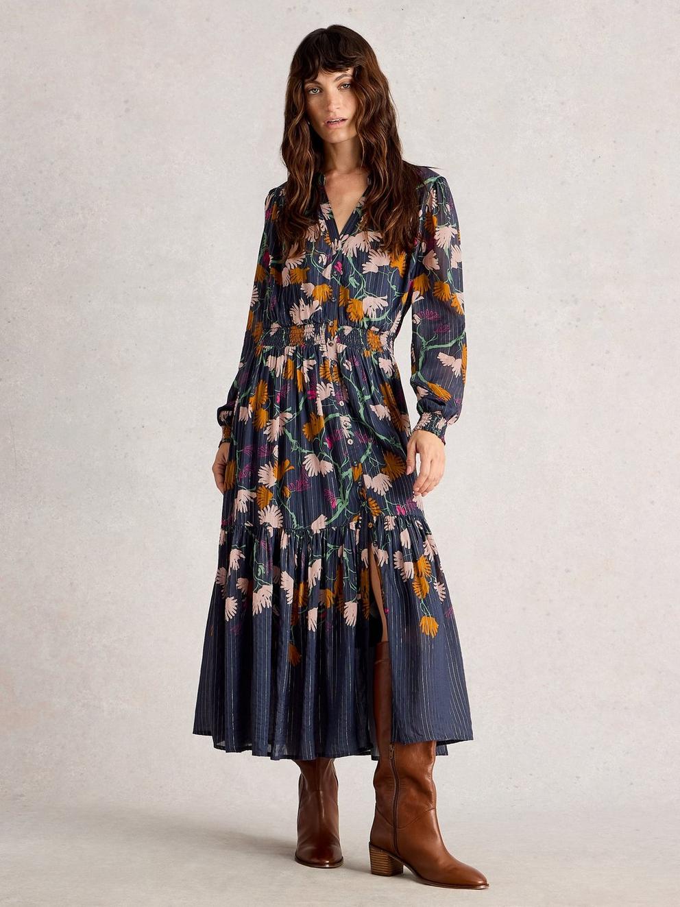 Yuki Metallic Midi Dress in NAVY MULTI - MODEL FRONT