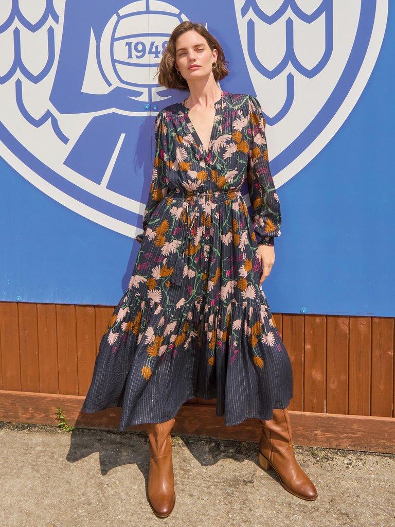 Yuki Metallic Midi Dress in NAVY MULTI | White Stuff