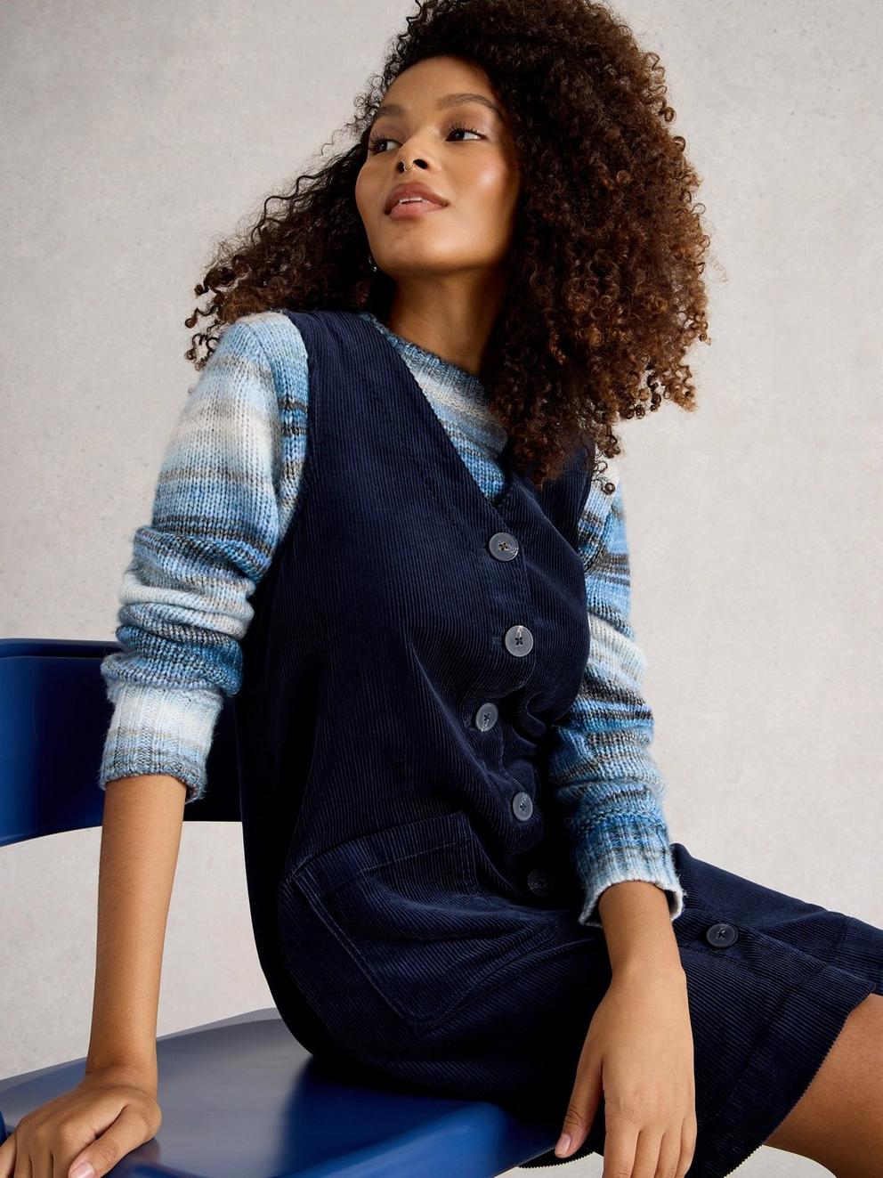 Rose Cord Pinafore in DARK NAVY - LIFESTYLE