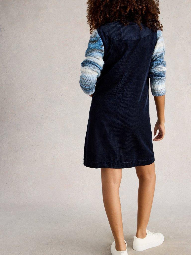 Rose Cord Pinafore in DARK NAVY - MODEL BACK
