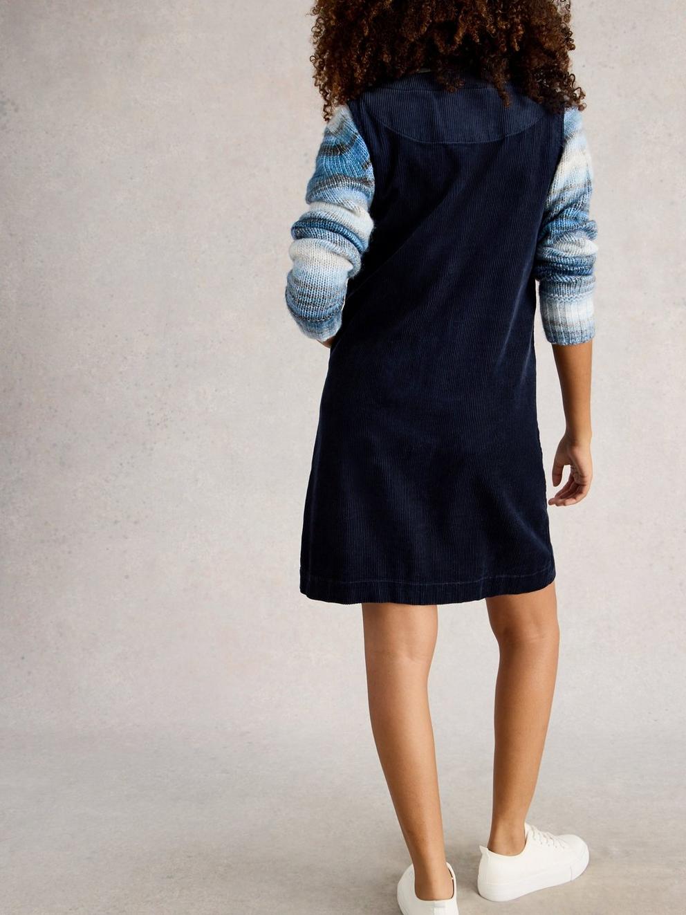 Rose Cord Pinafore in DARK NAVY - MODEL BACK
