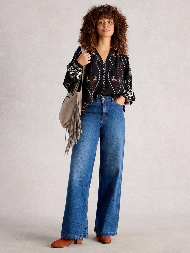 Aurora Embroidered Top in BLK MLT - MODEL FRONT