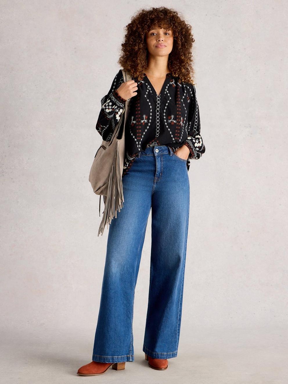 Aurora Embroidered Top in BLK MLT - MODEL FRONT