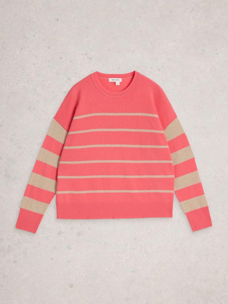 STRIPE CREW CASHMERE JUMPER in CORAL MLT - FLAT FRONT