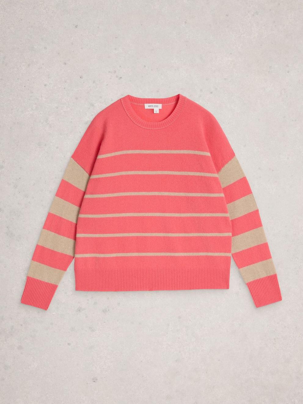 STRIPE CREW CASHMERE JUMPER in CORAL MLT - FLAT FRONT