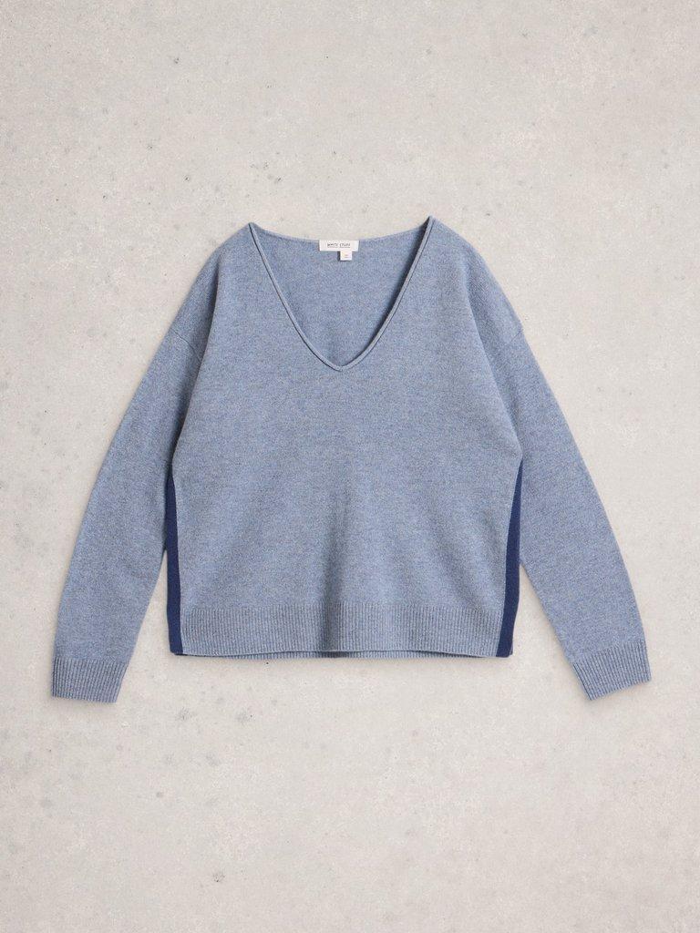 V NECK CASHMERE JUMPER in MID BLUE - FLAT FRONT