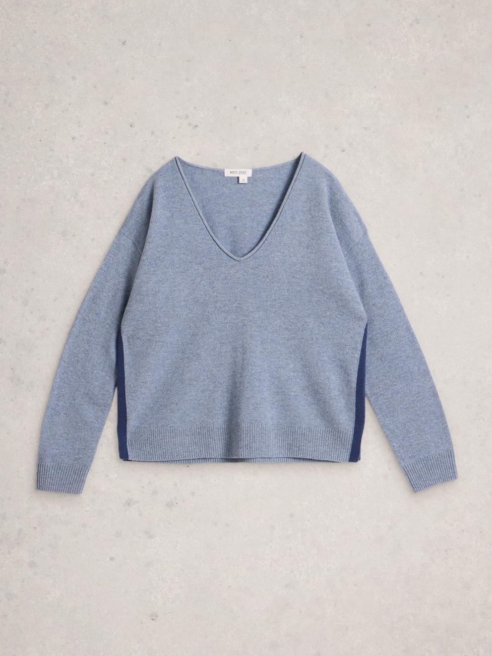 V NECK CASHMERE JUMPER in MID BLUE - FLAT FRONT