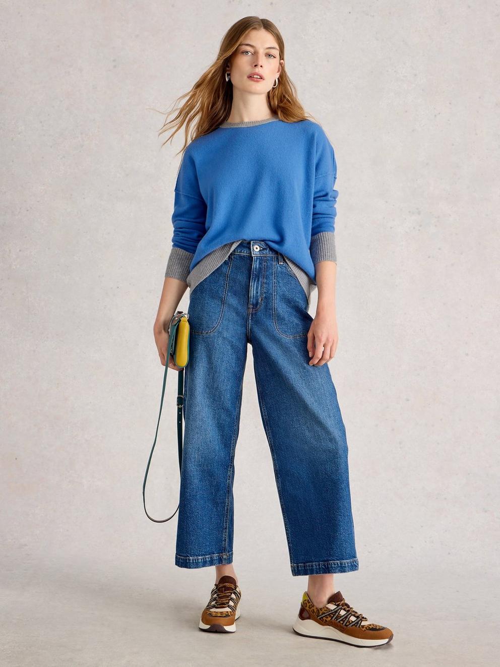 CREW CASHMERE JUMPER in BRT BLUE - MODEL FRONT