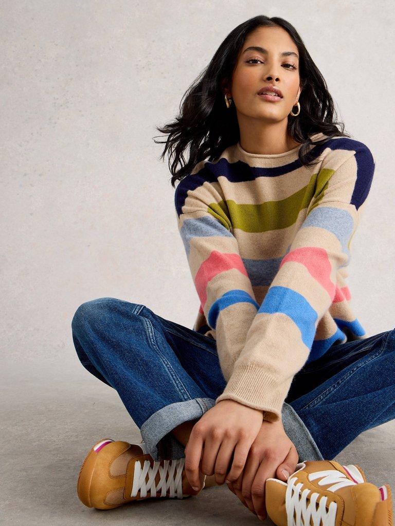 KITTY STRIPE CASHMERE JUMPER in NAT MLT - LIFESTYLE