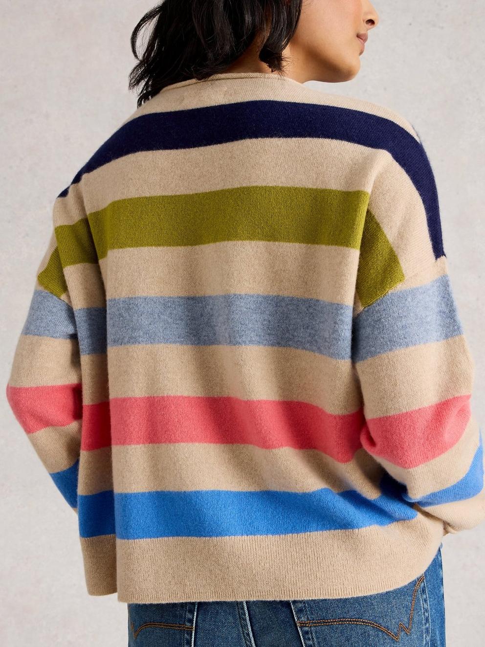 KITTY STRIPE CASHMERE JUMPER in NAT MLT - MODEL BACK
