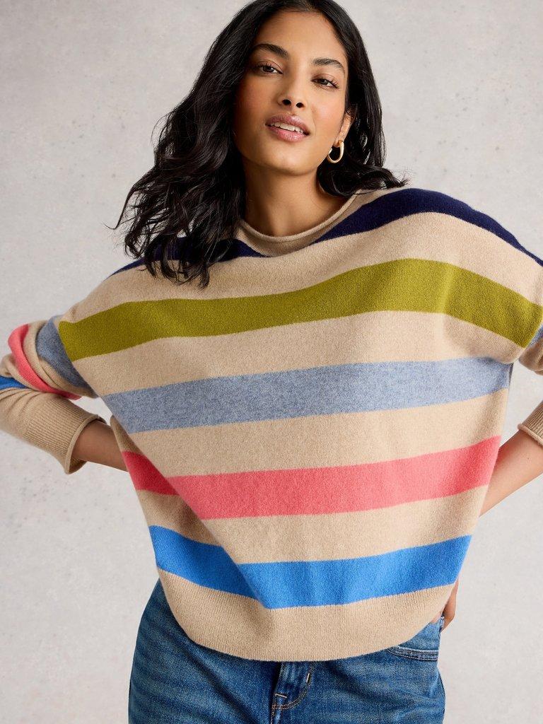 KITTY STRIPE CASHMERE JUMPER in NAT MLT - MODEL DETAIL