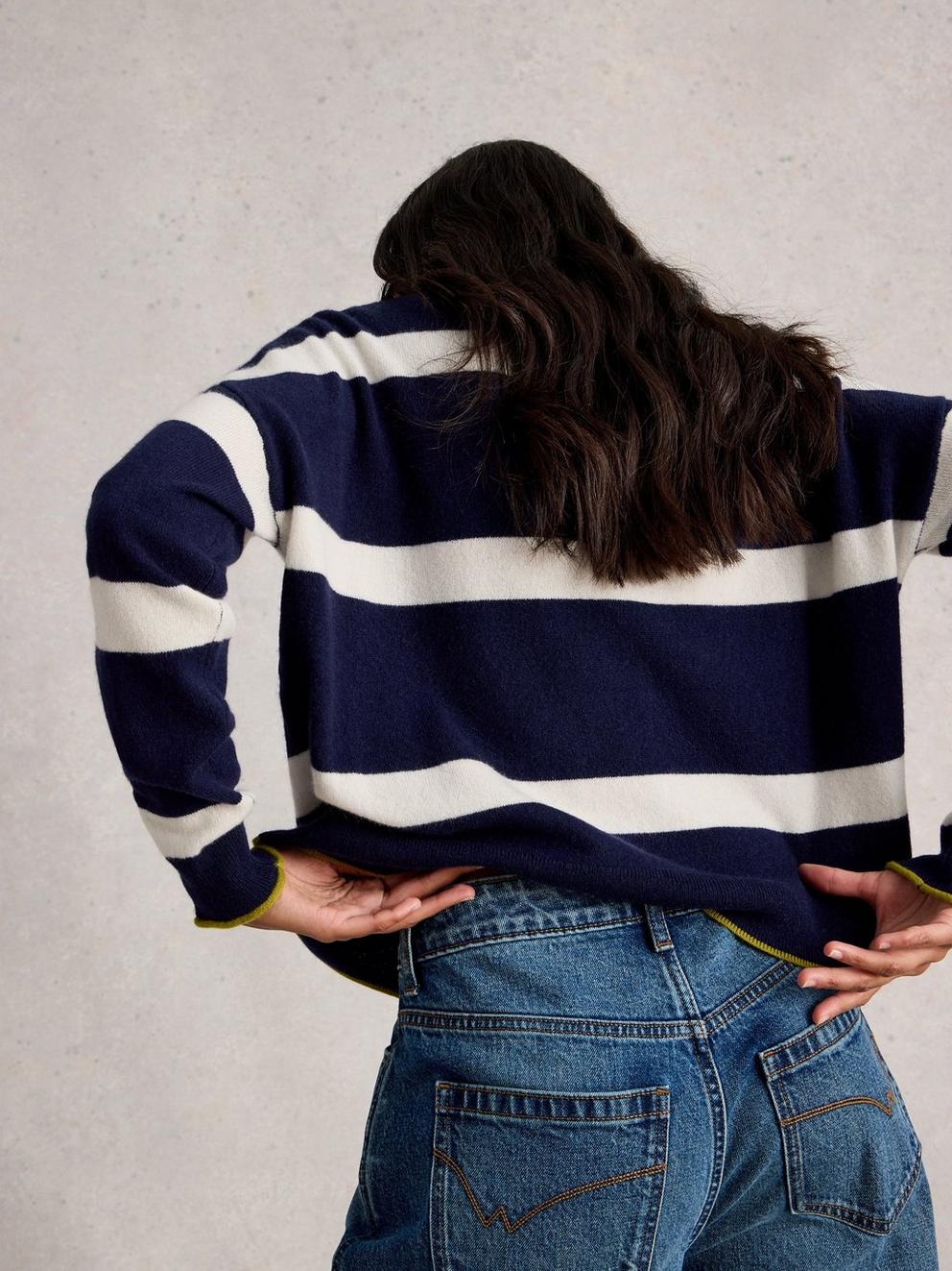 KITTY STRIPE CASHMERE JUMPER in NAVY MULTI - MODEL BACK