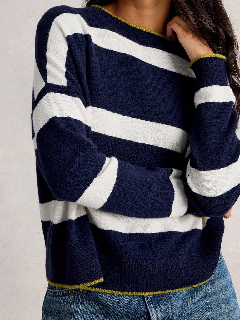 KITTY STRIPE CASHMERE JUMPER in NAVY MULTI - MODEL DETAIL