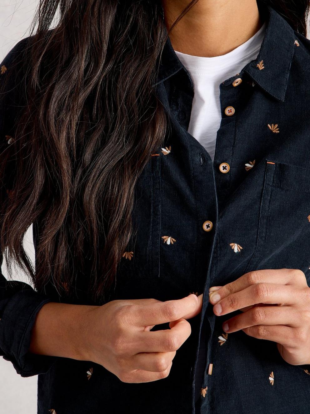 Sophie Cord Shirt in NAVY MULTI - MODEL DETAIL