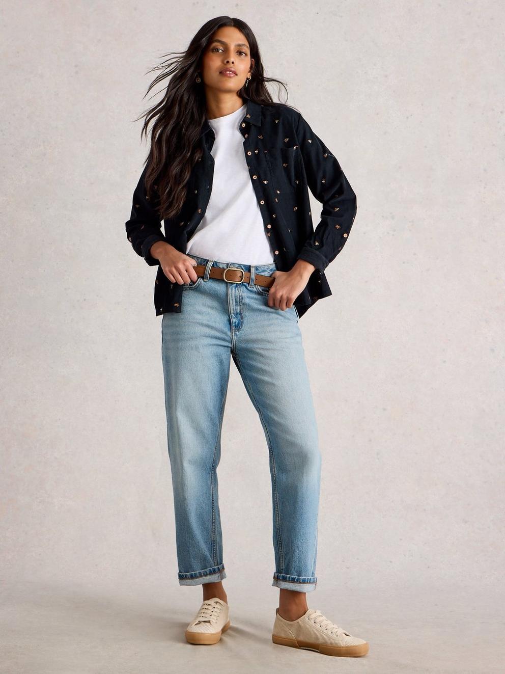 Sophie Cord Shirt in NAVY MULTI - MODEL FRONT