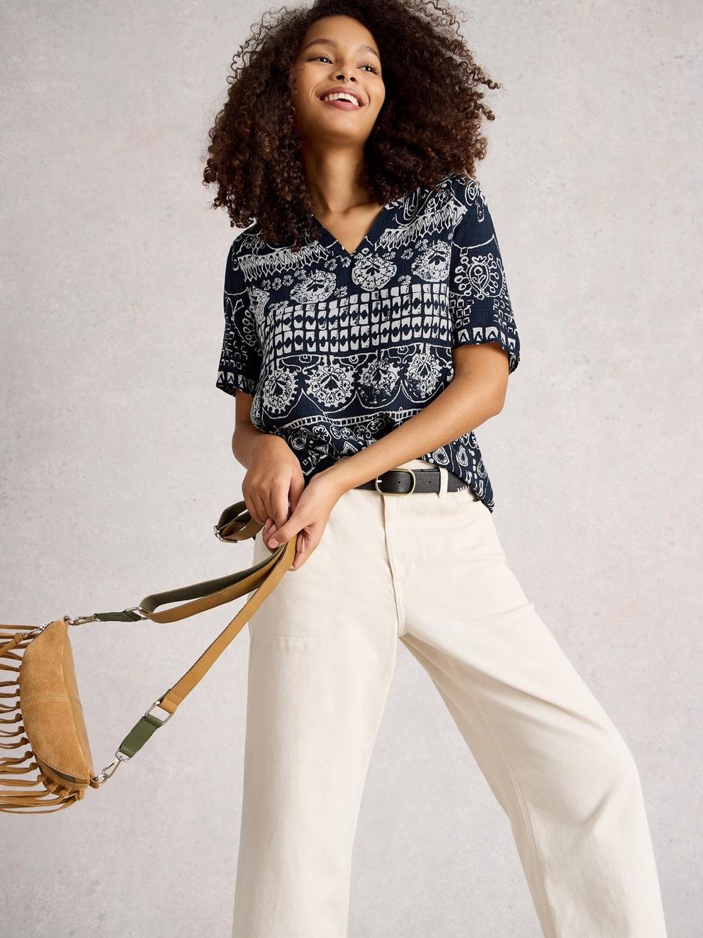 Elisa Short Sleeve V Neck Top in NAVY PR - MODEL DETAIL