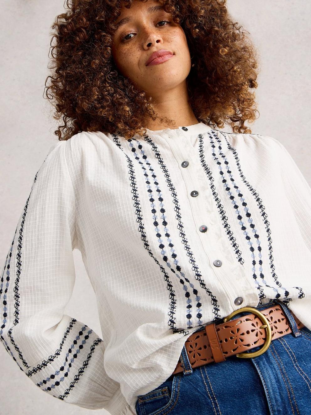 Naomi Embroidered Shirt in IVORY MLT - MODEL DETAIL