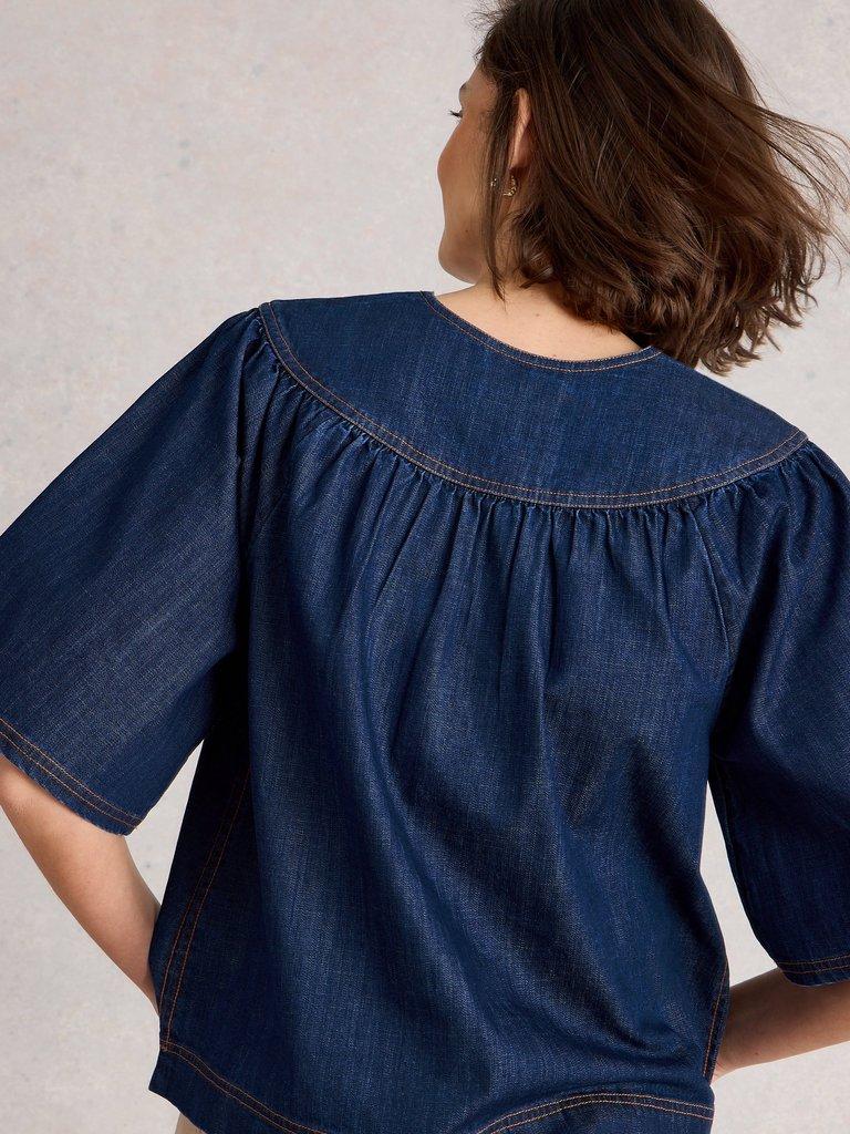 Leo Denim Top in DK DENIM - MODEL BACK