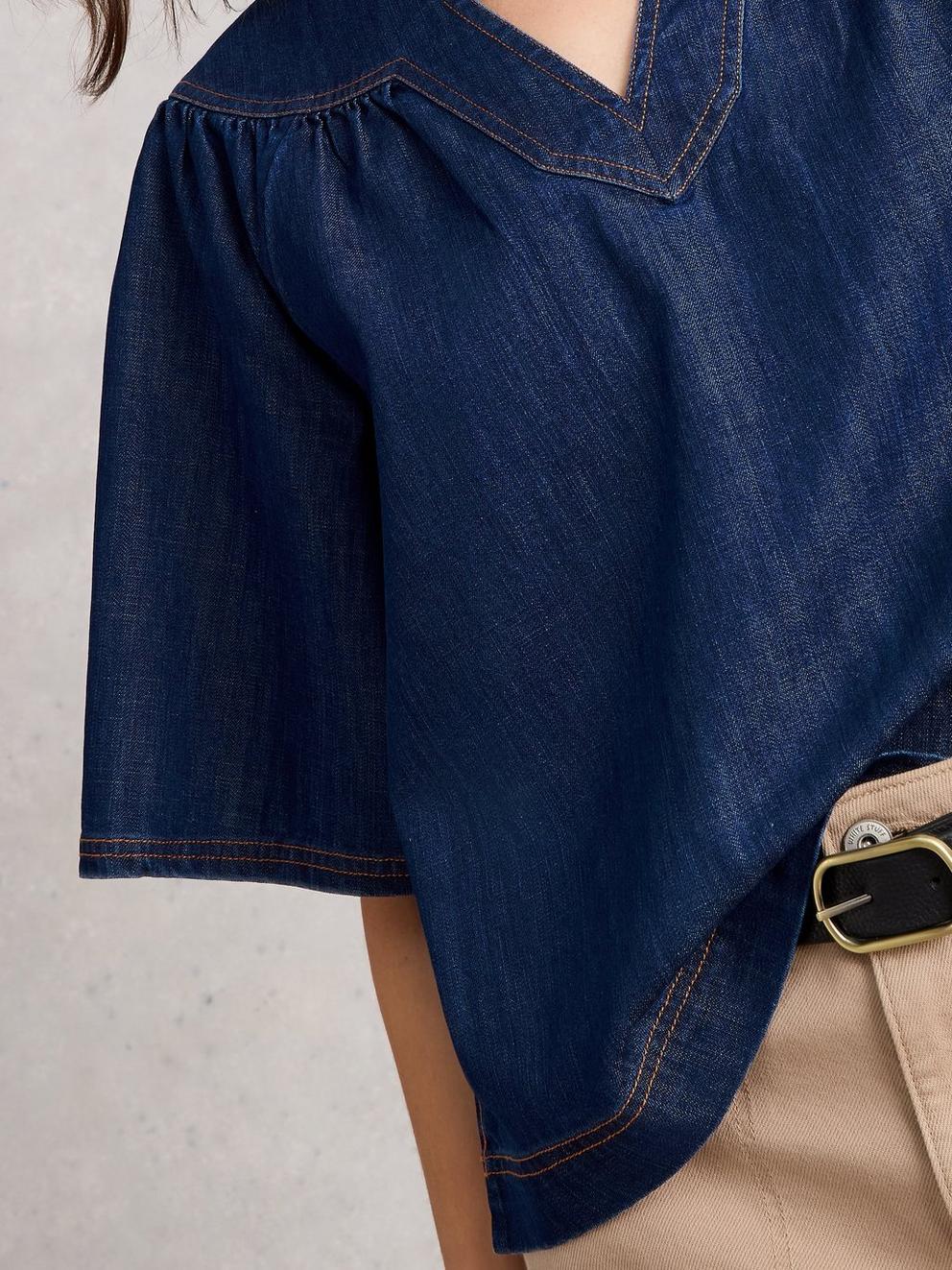 Leo Denim Top in DK DENIM - MODEL DETAIL