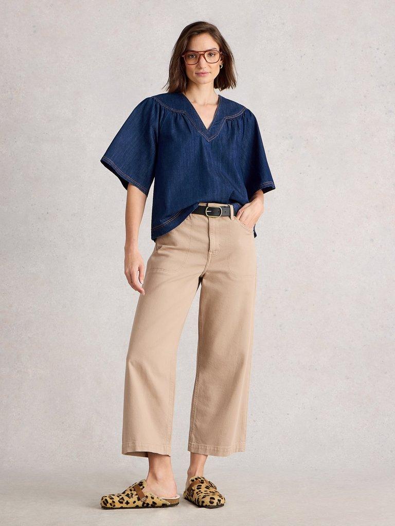 Leo Denim Top in DK DENIM - MODEL FRONT