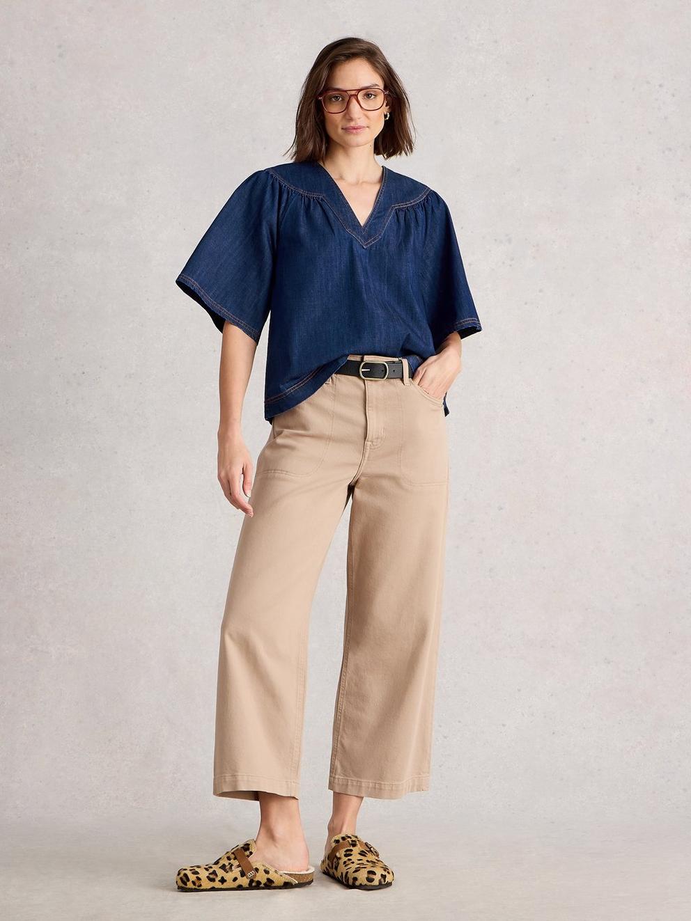 Leo Denim Top in DK DENIM - MODEL FRONT