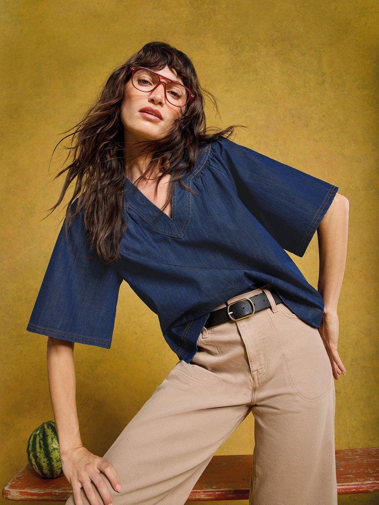 Leo Denim Top in DK DENIM - MIXED