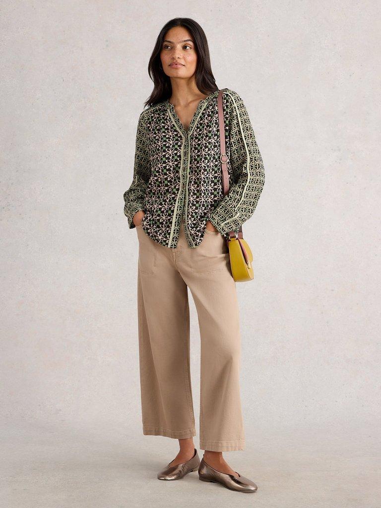 Mabel Mixed Print Notch Neck Top in BLK MLT - MODEL FRONT