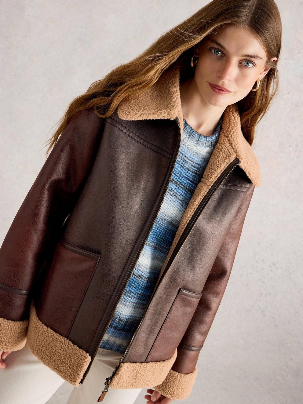 Serena Aviator Jacket in BROWN MLT - MODEL DETAIL