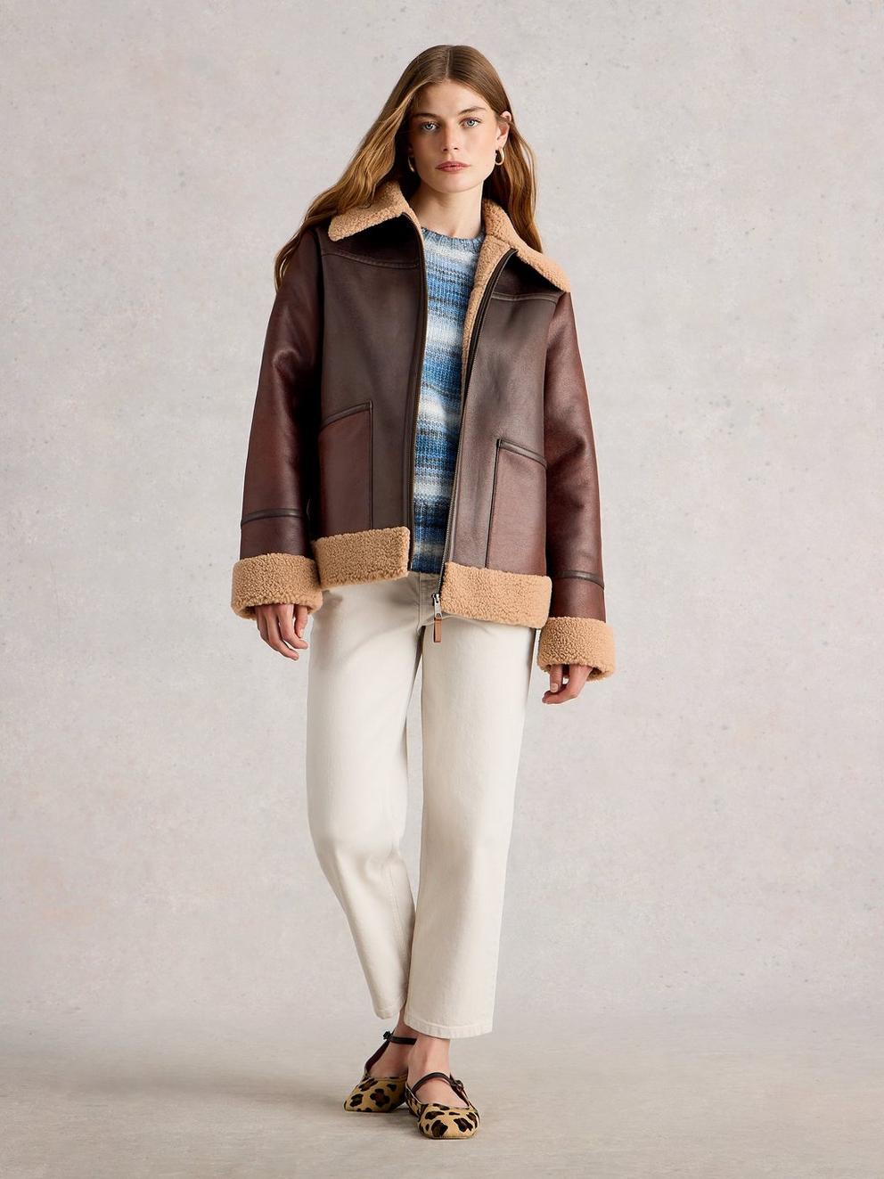 Serena Aviator Jacket in BROWN MLT - MODEL FRONT