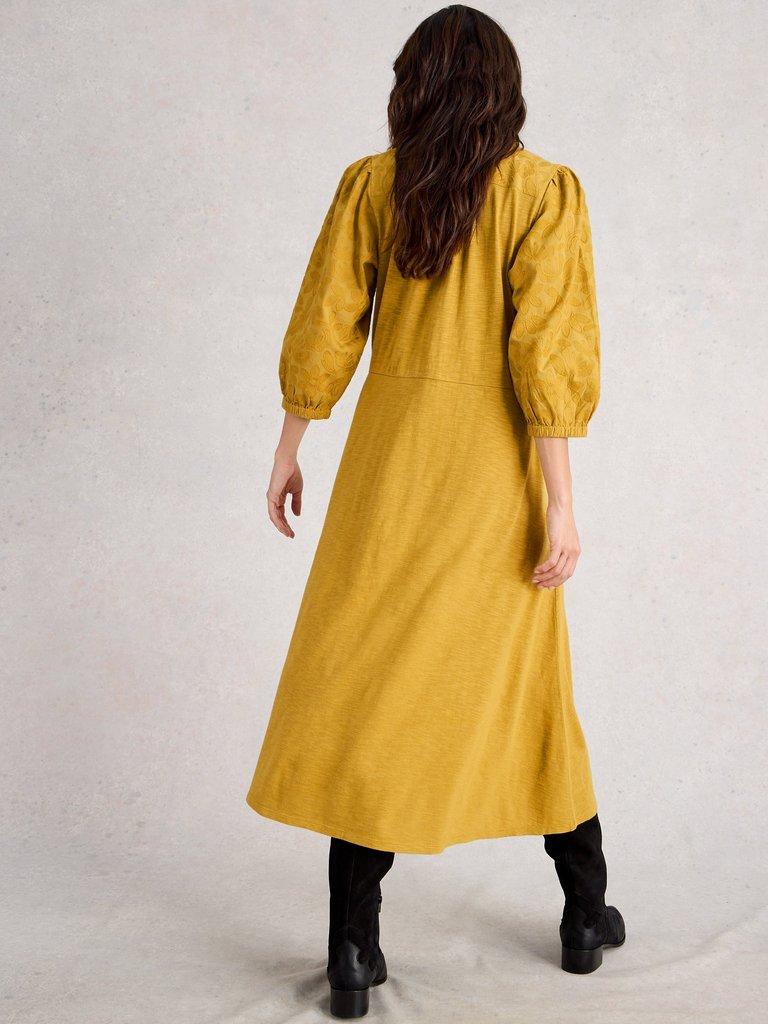 Rua Embroidered Collared Jersey Dress in MID CHART - MODEL BACK